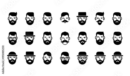 Minimal Gentleman Face Icons Beard Mustache Portrait Vector Set