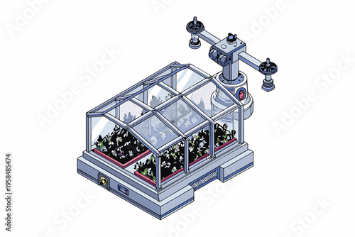 Robotic arm tending to plants inside a transparent futuristic greenhouse