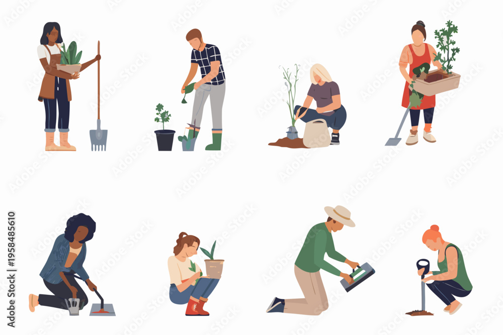 Fototapeta premium Diverse group of people tending to plants in a garden setting