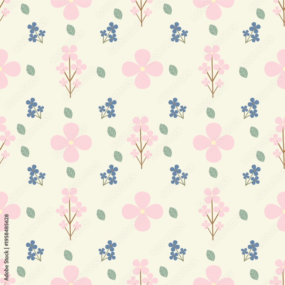 Fototapeta premium Minimalist Seamless Floral Pattern with Pink Blossoms and Blue Flowers