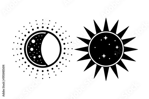 Black and white vector illustration depicting the sun and moon, symbolizing celestial bodies and cosmic energy in a graphic design.
