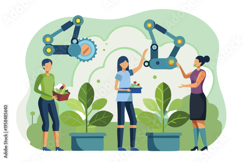 People interacting with robotic arms while tending to plants indoors