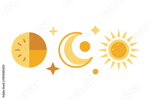 Vector illustration of various celestial bodies and sparkling stars representing day and night cycles in a charming graphic design.