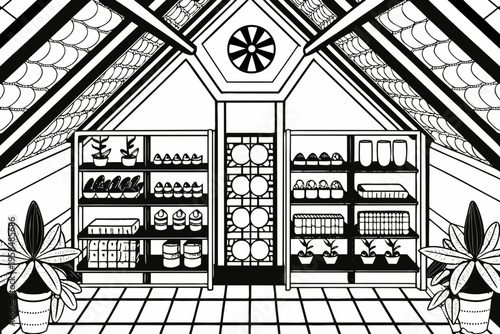 Detailed illustration of a greenhouse interior with plants and shelving
