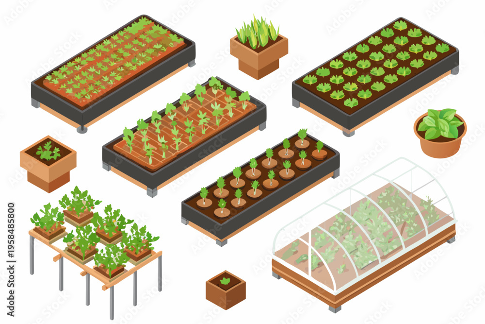 Ταπετσαρία Isometric illustration of various vegetable garden beds and greenhouse setup