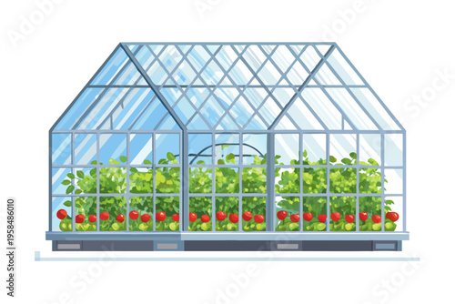 A vibrant greenhouse displays thriving tomato plants and lush greenery