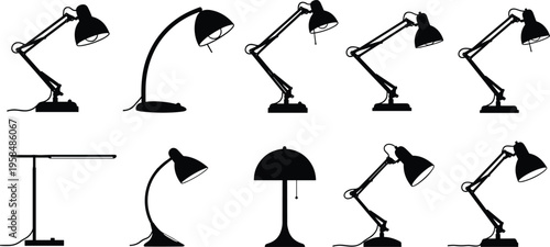 Desk lamp silhouette collection, diverse designs with adjustable arms, modern minimal vector illustration, black icons set, interior lighting concept
