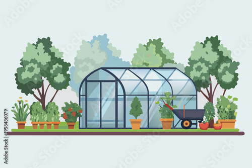 A colorful garden scene featuring a greenhouse and lush plant life