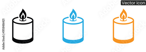 Set of vector candle icons in black, blue and orange colors, isolated on white background, for decoration and design use