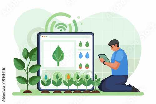 Man monitoring plant growth data on a tablet with smart farming technology