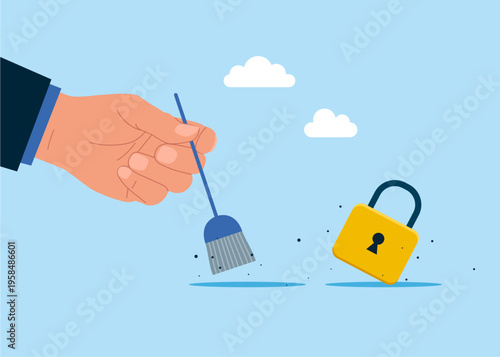 Hand with a broom lock delete. Solve business problem, professional to give solutions. The data is no securely protected. Flat vector illustration