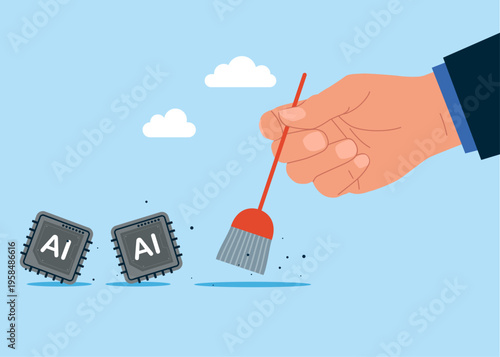 Delete artificial intelligence chips. Frustrated online data user. Documents into archive folder makes him crazy. Dealing with error. Artificial intelligence technology. Vector illustration