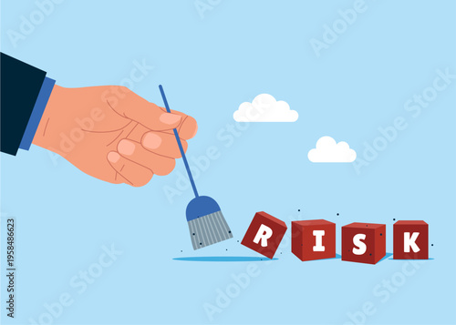 Hand with a broom delete cubics with the word RISK. Risk management, control or assess to lose money in investing. Flat vector illustration