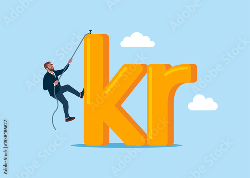 Dreamer Superhero stands on Sweden currency Swedish krona money currency symbol. Opportunities, decisions, new ideas. Business strategy, investment, wealth, management. Vector illustration concept.