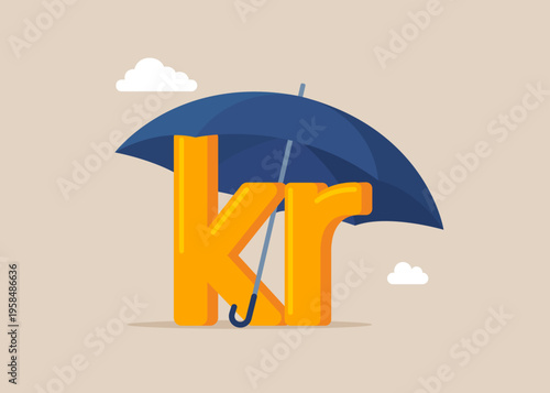 Sweden currency Swedish krona under umbrella. Business income protection. Bank deposit protection, retirement savings. Modern flat vector illustration. 