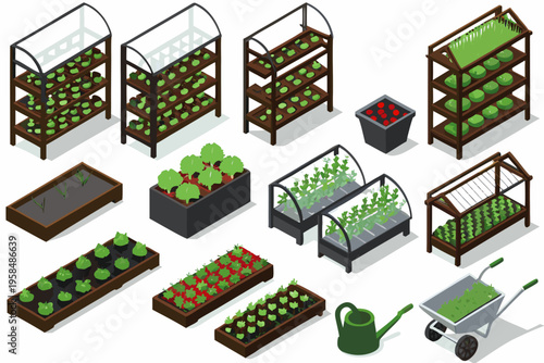 Isometric illustration of various gardening structures and growing plants