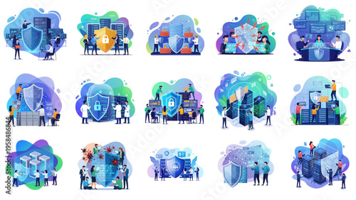 Cybersecurity and data protection vector icons set, secure network server shield, internet safety system, digital privacy technology, cloud firewall defense, antivirus and web database lock concept.