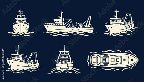Vintage Fishing Boat Illustration Set in Various Angles