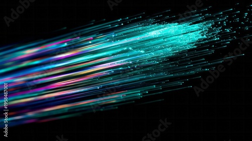 Multicolored light streams streak diagonally across a dark background suggesting high speed data transfer