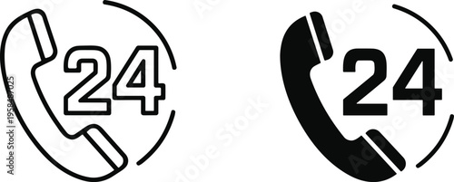 24 hour customer service phone support icon set, hotline call center symbol, contact assistance line, telecommunication help desk vector