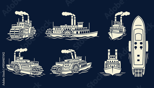 Vintage steamboat and paddle wheeler illustration set on red background