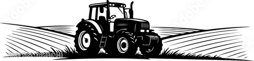 tracktor field landscape engraving black and white outline