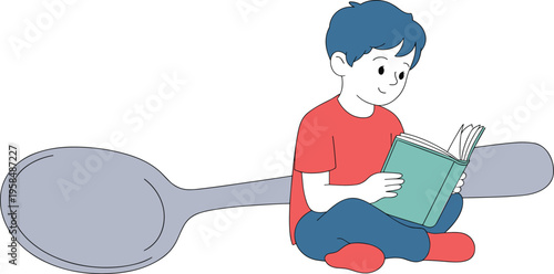 A young boy sitting and reading an open book beside a giant spoon vector illustration, metaphor for feeding the mind with knowledge