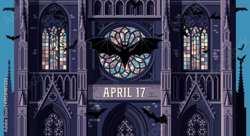 Gothic cathedral with bats and stained glass windows isolated on transparent background