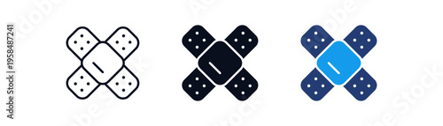 Bandage icons set, medical plaster symbol icon . Bandage strips for first aid, wound care safety, healthcare clinical recovery symbols, injury care and healthcare treatment in vector style