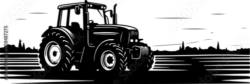 tracktor field landscape engraving black and white outline