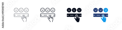 Customer satisfaction icon set, Rating feedback icons. User feedback rating scale with emojis and hand clicking selection for survey reviews.