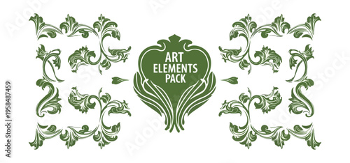 Decorative art elements pack with floral ornaments