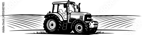 tracktor field landscape engraving black and white outline