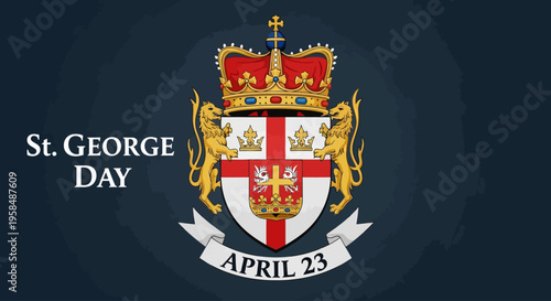 St. George's Day heraldic crest with crown and shield isolated on transparent background