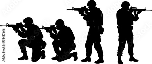 Army soldiers with sniper rifle on duty vector silhouette on whote background, Jawan black silhouettes collection