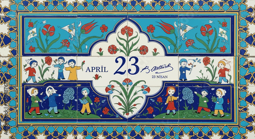 Traditional Turkish Ottoman Iznik tile pattern with children celebrating April 23rd National Sovereignty and Children's Day, isolated on transparent background