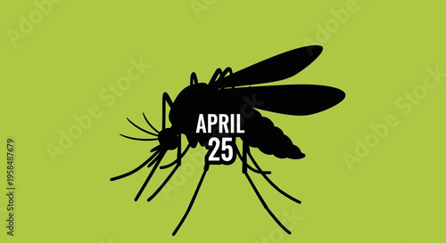 Black silhouette of a mosquito with April 25th text, isolated on transparent background