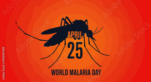Mosquito silhouette with World Malaria Day text, April 25, isolated on transparent background