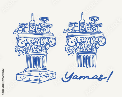 Whimsical, hand-drawn vector set of two compositions with wine on a Greek colums, 