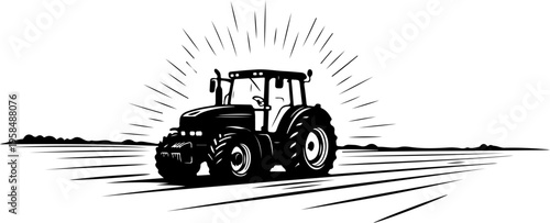 tracktor field landscape engraving black and white outline