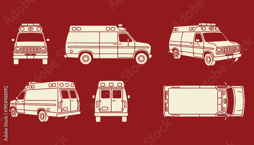 Minimalist ambulance technical drawing showing front side and top views