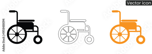 Three vector wheelchair icons in black, line art, and orange on a clean white background, ideal for illustrating accessibility, healthcare, or disability-related themes