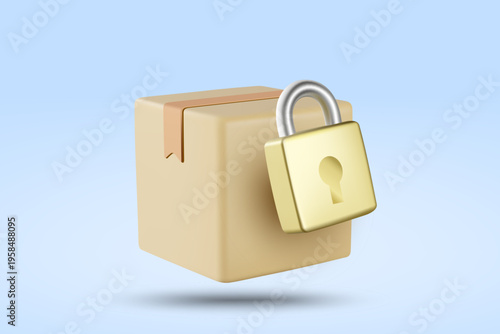A highly detailed 3D render and vector illustration of a single closed cardboard shipping box with a secure gold and silver padlock positioned at the front to signify package security