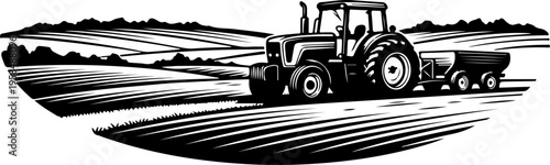 tracktor field landscape engraving black and white outline
