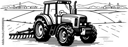 tracktor field landscape engraving black and white outline