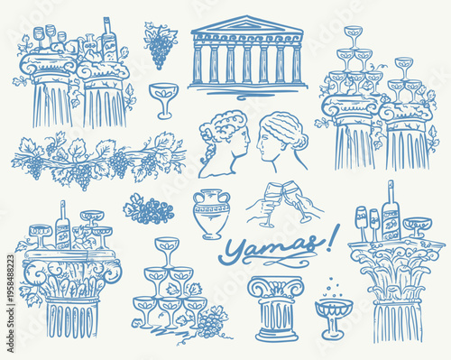 Whimsical, hand-drawn vector set of elements for Greek Celebration