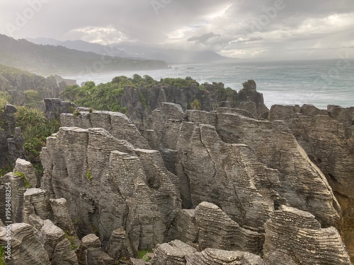 Photography Unique layered limestone formations and blowholes of Pancake Rocks, New Zealand