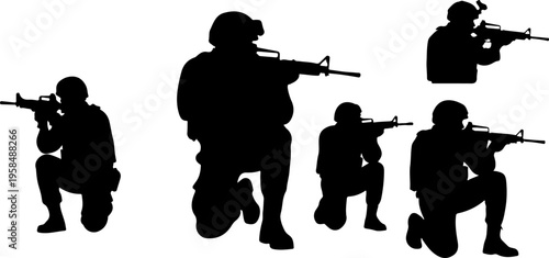 Army soldiers with sniper rifle on duty vector silhouette on whote background, Jawan black silhouettes collection