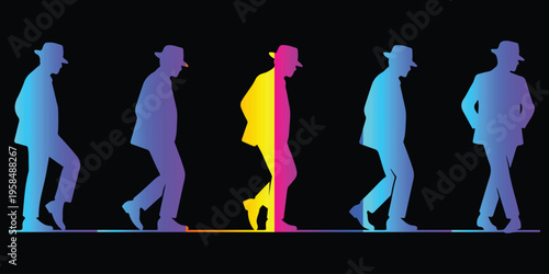 Male Walking Silhouettes Motion Sequence Pop Art Style with Colorful Gradient..