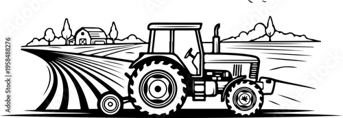 tracktor field landscape engraving black and white outline